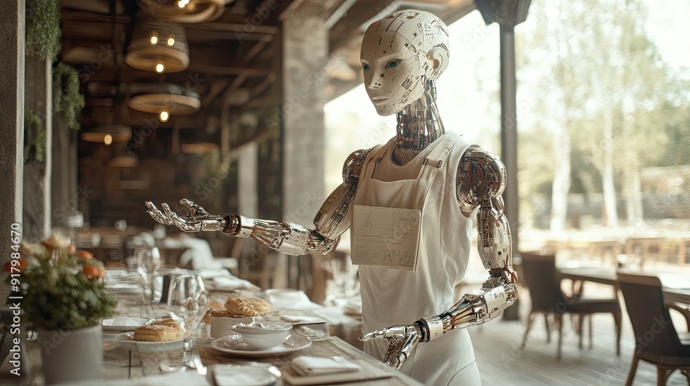 Poster advanced android waiter serving guests in a futuristic restaurant during daytime