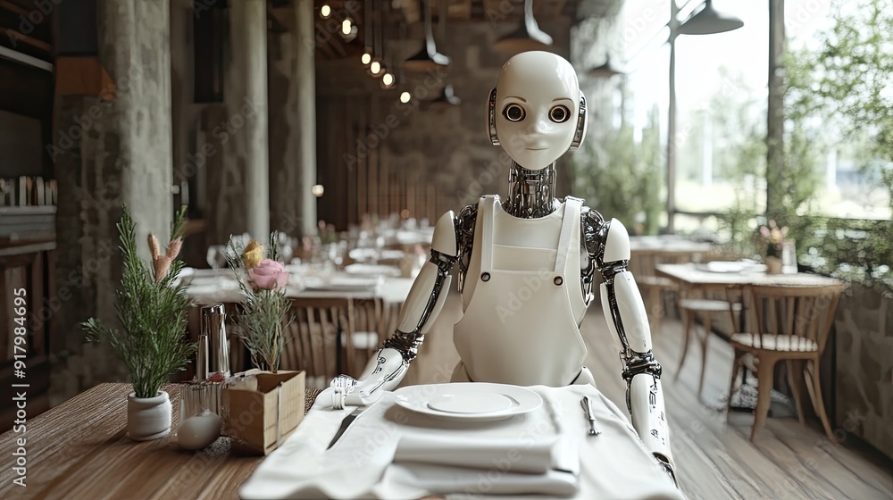 Aufkleber advanced android waiter showcasing futuristic technology in a modern restaurant setting