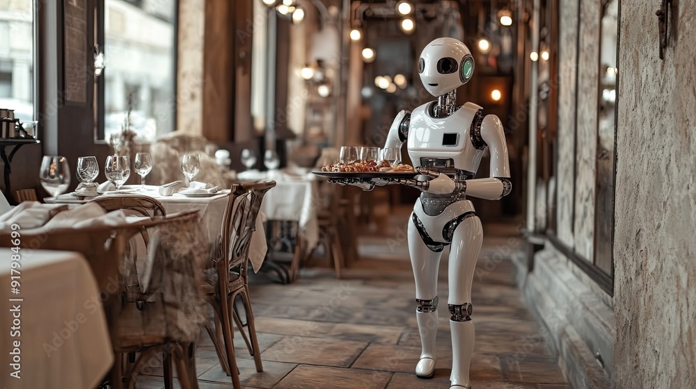 Poster Advanced Android Waiter Serving Guests in a Futuristic Restaurant Setting