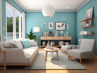A bright, modern living room with a light blue wall, a white sofa, a grey armchair, and a wooden floor. There is a large window with a view of a green landscape.