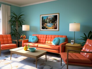 A living room with a light blue wall, an orange couch and chairs, and a framed picture of a tropical scene.