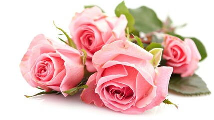 Fototapeta premium Pink Roses isolated on white background green leaf