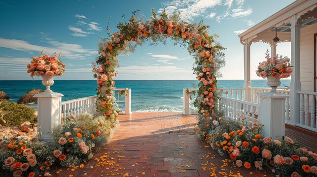 elegant arbour decorated with delicate flowers and greenery, creating a sophisticated wedding backdrop