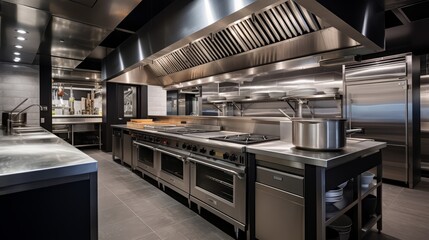 A professional kitchen with stainless steel appliances, a large stainless steel range, and a large pot on the counter.