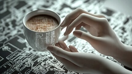 Digital Woman Enjoying Virtual Coffee in a High-Tech Workspace