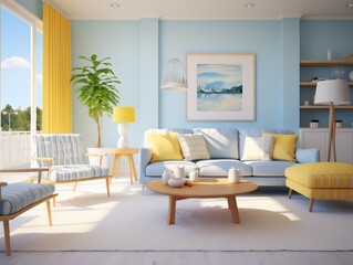 Fototapeta premium Blue and yellow living room with a couch and two chairs, a coffee table, and a plant.