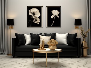 Black leather sofa with gold accents and floral art in a modern living room.