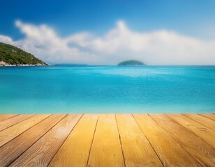 Fototapeta premium Sun-Kissed Serenity: Yellow Table and Blurred Blue Sea