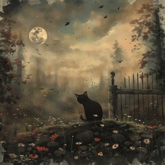 A black cat sits in a moonlit forest surrounded by flowers