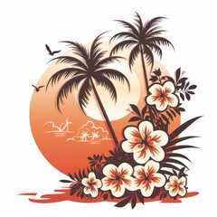 Hawaii inspired floral illustration featuring palm trees and a vibrant sunset
