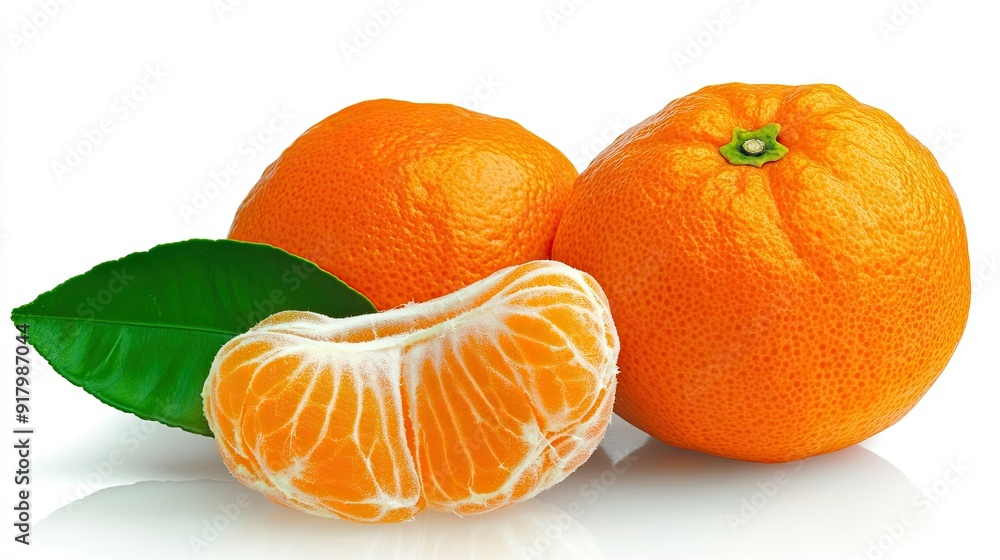 Poster close-up of mandarin oranges with leaves and a fresh orange slice on a white background