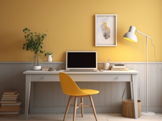 Minimalist home office with a yellow chair and lamp.