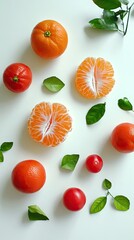 Naklejka premium Fresh Mandarin and Orange Slices With Green Leaves on a White Background, Close up View