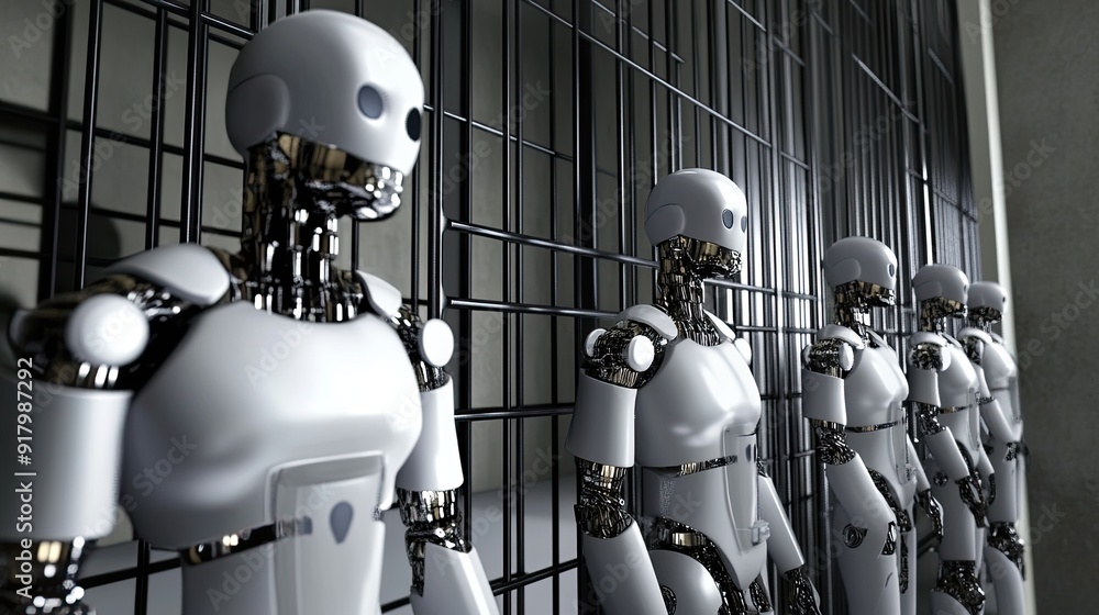 Poster advanced android prison showcasing innovative robotic inmates in a futuristic facility