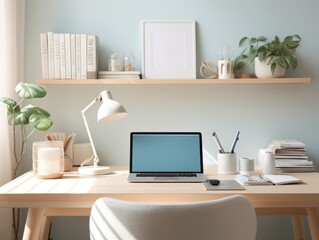 Minimalist workspace with laptop, lamp, and potted plants on a wooden desk.