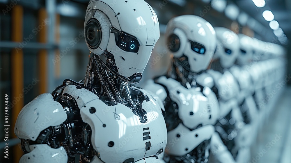 Poster Advanced Androids in a Futuristic Prison Facility Showcasing Innovative Robotic Design and Technology