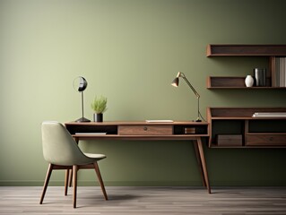 Modern home office with green walls, wood desk, and chair.