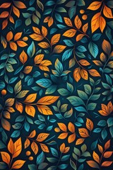Vibrant summer leaves in a colorful nature pattern on a dark background
