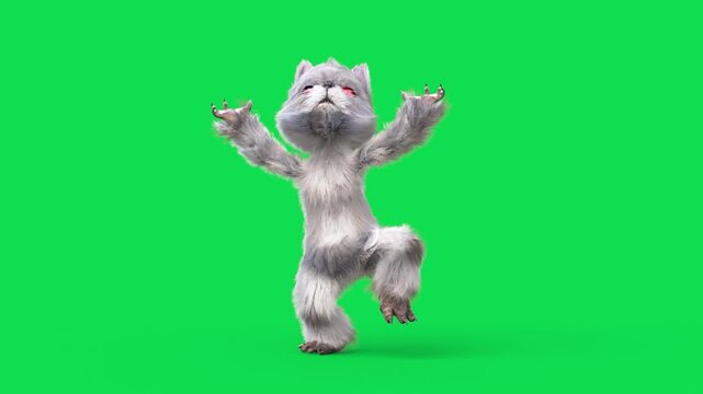 Evil Humanoid Cat Green Screen Dance Front Loop Horror 3D Animation Rendering CGI Fur