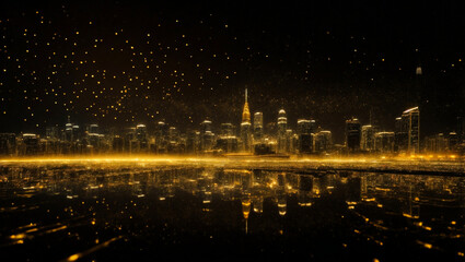 Fototapeta premium Golden Metropolis: A breathtaking cityscape shimmers under a shower of golden lights, reflected in the water below, evoking a sense of luxury and wonder. 