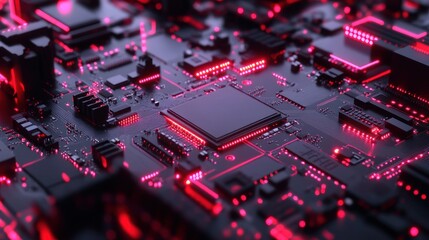 Close-up of a glowing red circuit board with a processor