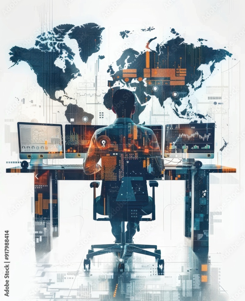 Poster a person working at a desk with a global network overlay