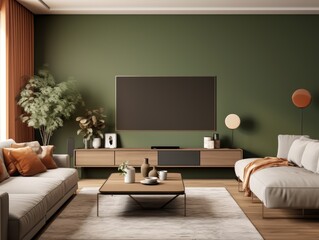 Modern living room with a large TV, white sofas, and wooden cabinets against a green wall.
