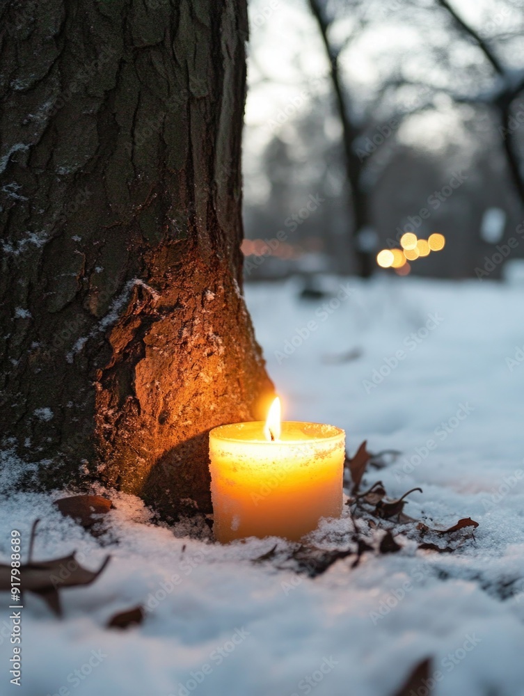 Wall mural Candle near snow-covered tree