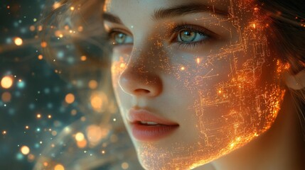 Woman with digital facial overlay - generative ai