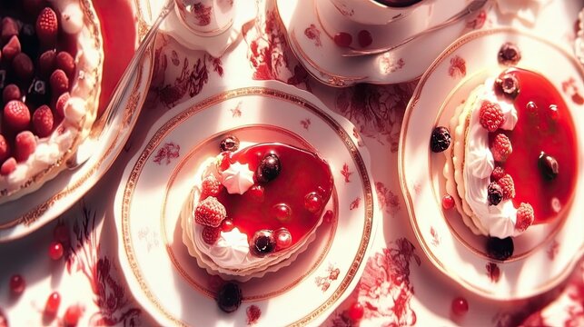 Elegant Tea Party With Pastries and Fresh Berries on Delicate China - Powered by Adobe