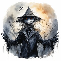 Fototapeta premium Terrifying Scarecrow with a Wicked Grin Standing in a Haunted Field, Eerie Halloween Watercolor Art