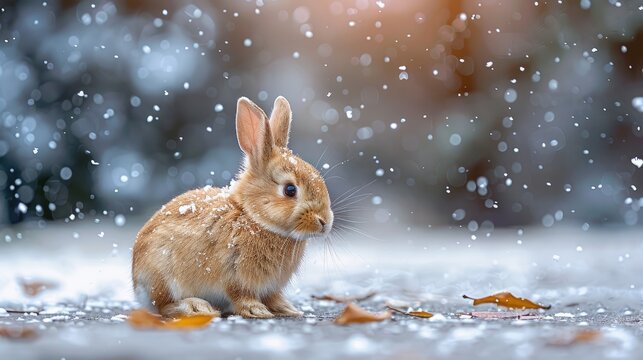 A small brown rabbit sits in the snow, looking up at the falling snowflakes.