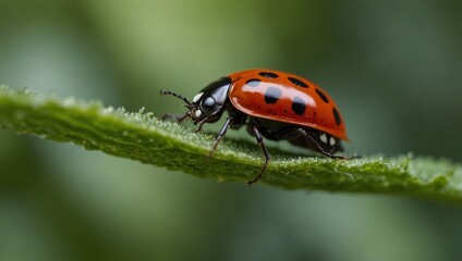 Fototapeta premium focus zoom photo of lady bug on green leaf made by AI generative