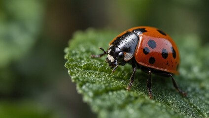 Fototapeta premium focus zoom photo of lady bug on green leaf made by AI generative