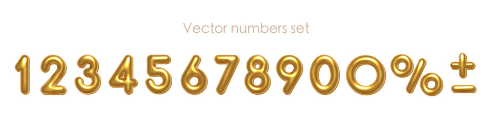 Birthday golden balloon numbers isolated on white background. Set of gold yellow isolated numbers. Bright metallic 3D realistic vector design elements for anniversary, celebration, party, sale. © backup16
