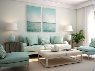 Modern living room with light blue sofa, white coffee table and two framed seascape pictures.