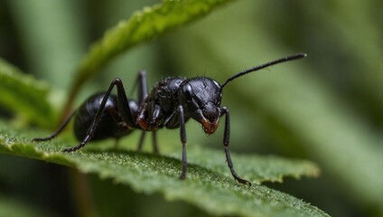 focus zoom photo of black ants on green leaves made by AI generative
