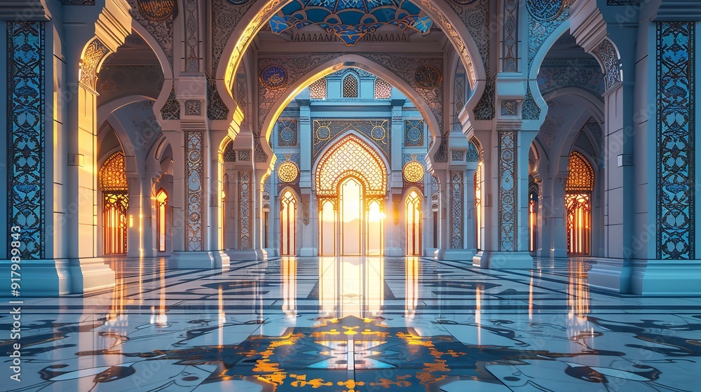 Wall mural 3d muslim mosque beautiful decoration in blue and gold background. ramadan kareem islamic background