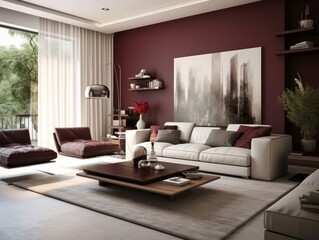 Fototapeta premium Modern living room with white sofa, brown leather armchairs, a wooden coffee table, a rug, and burgundy walls.