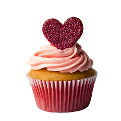 Delicious cupcake topped with pink frosting and a glittery heart, perfect for celebrations and special occasions.