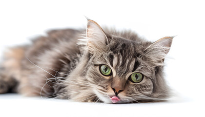 Funny large longhair gray kitten with beautiful big green eyes lying on white table. Lovely fluffy cat licking lips. Free space for text