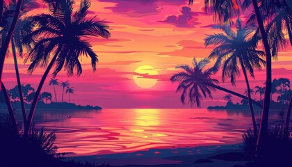 Obraz premium Vibrant Sunset Over Calm Ocean With Silhouetted Palm Trees at Twilight