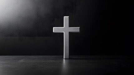 Naklejka premium Minimalist plain black background with a white cross, featuring a solid gray backdrop for product photography with soft lighting and no shadows