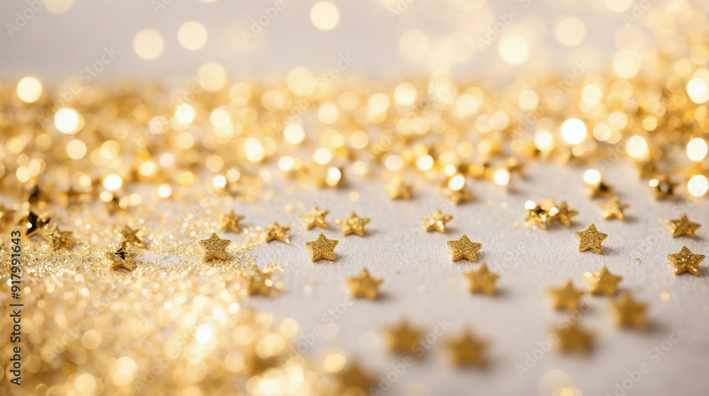 Poster golden sparkle and shine: a captivating close-up of golden stars scattered amidst a soft, bokeh-fill