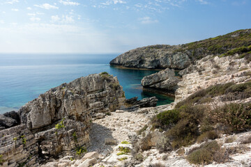 Amazing rocky formations and gorgeous sea waters of the south coastline in Othonoi island, Greece