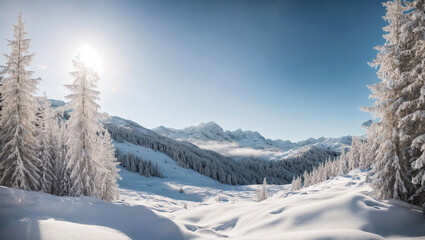 Obraz premium Snowy Mountain Serenity: A breathtaking winter landscape with snow-covered fir trees reaching towards a vibrant blue sky, bathed in the warm glow of the sun. This tranquil scene evokes a sense of peac