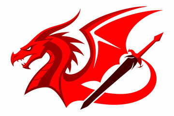 Vector illustration of modern red sword dragon logo on white background