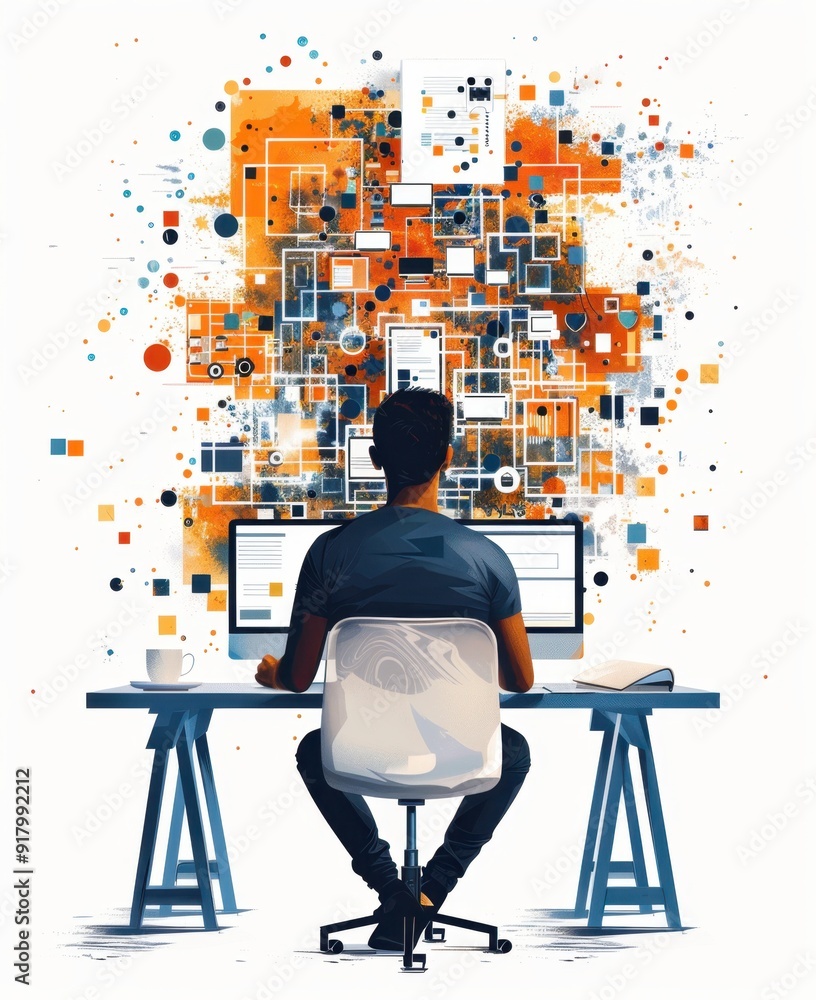 Poster a person sitting at a desk facing a computer with abstract shapes and lines behind them