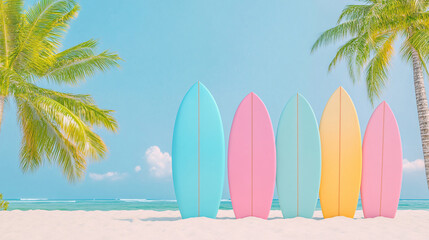 Summer beach surfing holiday outdoor sports scene illustration