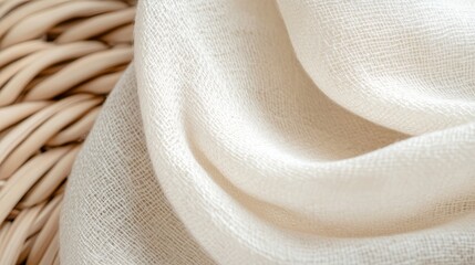 Close-up of a delicate Irish linen fabric, emphasizing the cool, crisp texture and natural flax fibers, draped artistically in a woven basket